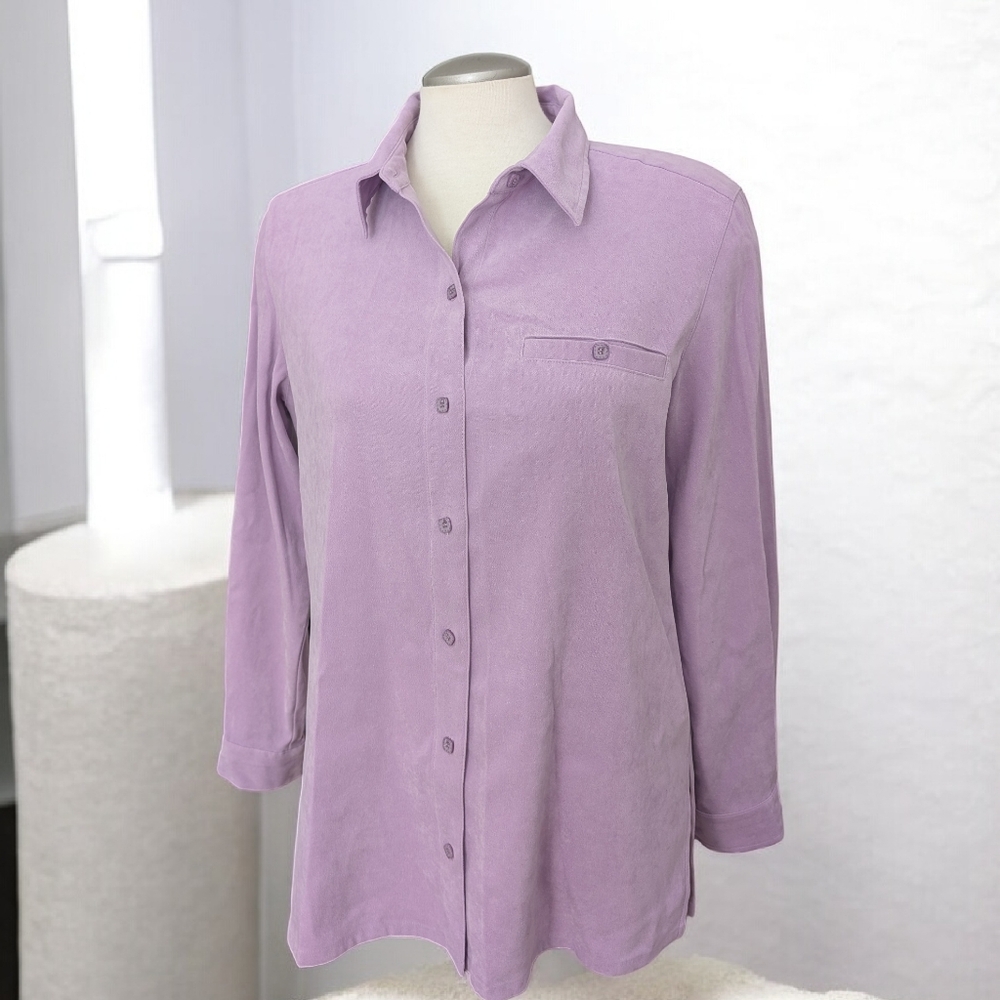 Sag Harbor Women's Button Down Shirt Size Medium Soft Velvety Feel Purple